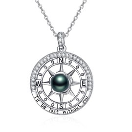 HXLWQYV Black Pearl Compass Necklace with 925 Sterling Silver Tahitian Freshwater Cultured i d be lost without you Jewelry Inlaid Zircon Birthday Present Gifts for Women Mother Wife