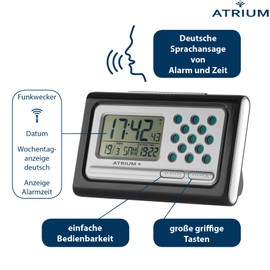 Atrium A310-7 Talking Radio Controlled Alarm Clock for Seniors Digital Quartz with Snooze and Volume Control Black Silver