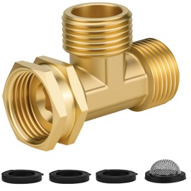 Jingzan Brass Garden Hose Tee Fitting, 3/4" GHT Female Swivel x Male x Male T Connector, Solid Brass Hose Branch Adapter for Outdoor Faucet, Garden Hose and Watering Attachments