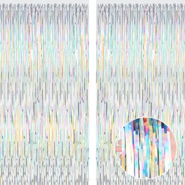 2 Pack Backdrop Curtains, 3.28 FT x 7.05 FT Laser Silver Fringe Curtains, Metallic Tinsel Backdrop Foil Curtains Party Streamer, Photo Backdrop Party Decorations Party Supplies