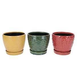 Napco 14618 Colored Laser Yellow, Green, and Red 7 x 7 Ceramic Standing Container Garden Planter Pots with Saucers, Set of 3