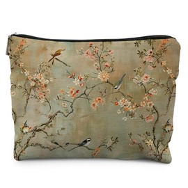 Likjad Vintage Cherry Blossom Birds Makeup Bag, Chinoiserie Floral Cosmetic Bags for Women, Elegant Botanical Makeup Pouch, Flower Zipper Pouch
