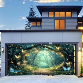 Enchanted Forest Garage Door Decoration Backdrop 16 x 7 ft, Spring Fairy Forest Magic Fantasy Wonderland Tree Butterfly Flower Garage Door Cover Garage Decor Outdoor Wall Banner