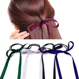 Set of 6 Assorted Colour Fashion Satin Ribbon Hair Bow Tie Bands Hair Rope Rubber Bands Ponytail Holder for Lady