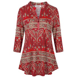 Ninedaily Womens Fall Fashion 2024, Womens Tops 3/4 Sleeve Shirts Floral Casual Work Tunic Blouse Tops, Beige Red,Size Medium