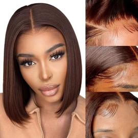 FATIAO #4 Brown Bob Lace Front Wigs Human Hair Straight HD Transparent Brown Bob Wig Human Hair Wear and Go Glueless Wig Pre Plucked Short Bob Wigs For Black Women 14inch