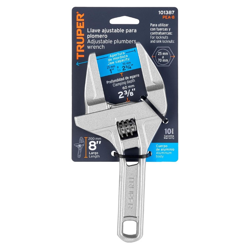 Truper PEA-8, Llave ajustable 8" para plomero apertura 3" suave