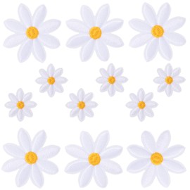 Isslly 12pcs Daisy Flower Iron on Patches, 2 Sizes Small Daisy Floral Patches for Clothes, Cute Vivid Embroidered Applique Sew on Patch for Jeans, Bags - White