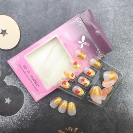 24Pcs Fall Press on Nails Short Almond Fake Nails with Gold Glitter Design French Tip False Nails Autumn Maple Leaf Acrylic Nail Reusable Thanksgiving Stick on Nail for Women Manicure Decorations