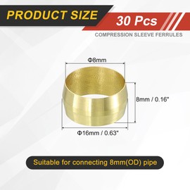 sourcing map 30Pcs Fit for 14mm(9/16") Tube OD Brass Compression Sleeve Ferrules Brass Compression Tube Fitting for Water Oil Air Pipe