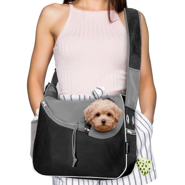 PetAmi Small Dog Sling Carrier, Soft-Sided Crossbody Puppy Carrying Purse Bag, Adjustable Sling Pet Pouch to Wear Medium Dog Cat Travel, Dog Bag for Traveling, Breathable, Poop Bag Dispenser, Black