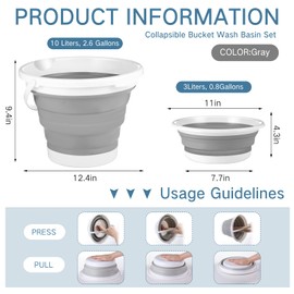Pickmesh 2 Pack Collapsible Bucket Wash Basin Set 10l Cleaning Silicone Dust Mops Bucket with Handle and 3l Round Foldable Folding Dish Pans Portable Sink Basins for Kitchen Camping Travel Garden Gray