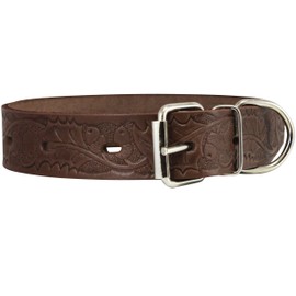 Genuine Tooled Leather Dog Collar Floral Pattern Brown 3 Sizes (Neck Circumf: 13"-17"; 1.2" Wide)