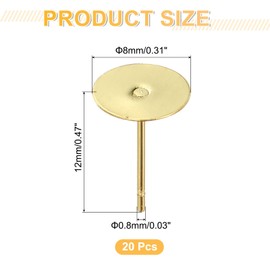 sourcing map 20Pcs Stud Earring Posts, 8mm Stainless Steel Flat Pad Ear Pin with Butterfly Earring Backs for Jewelry DIY Making Findings, Gold