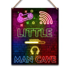 Little Man Cave, Neon Gaming Wooden Door Sign for Little Gamer Boy Room Decor, Bedroom Nursery Playroom Hanging Decorations (8x10") - C05