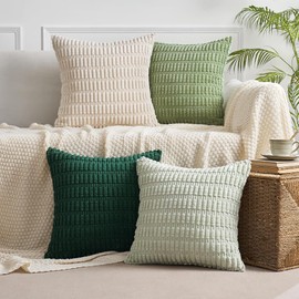 MIULEE Pack of 4 Corduroy Decorative Throw Pillow Covers 18x18 Inch Soft Boho Striped Pillow Covers Modern Farmhouse Home Decor for Sofa Living Room Couch Bed Green