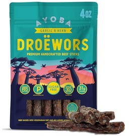 Ayoba Garlic Droewors Grass Fed Beef Paleo Sticks (4 Ounce, Pack of 1) Keto Friendly, Air-Dried Grass Fed Beef Snack - Gluten Free, Nitrate Free, No Sugar, Meat Snacks
