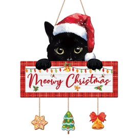 LHIUEM Black Cat Christmas Wood Signs Meowy Christmas Ornaments Set of 4(12”X16”)Cute Kitty Merry Christmas Gift Funny Cat Ornament for Xmas Tree Topper Snowflake Jingling Bell Hang for Wall Room Door