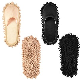 4Pcs Floor Mop Shoes, Microfiber Cleaning Mop Slippers Washable Floor Dusting Slippers Unisex Household Cleaning Tools for Pool Kitchen Floor Dust Dirt (Black, beige, S)