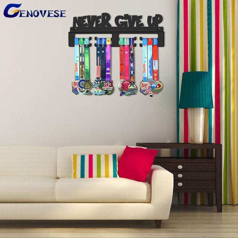 GENOVESE Medal Holder Display Hanger Rack,Black Never Give Up,Sturdy Steel