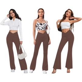DLOODA Women's Flare Leggings with Pockets-Crossover High Waisted Bootcut Yoga Pants-Tummy Control Bell Bottom Leggings Brown