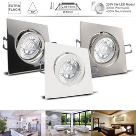 trendlights24 Carree Recessed Ceiling Spotlight Square Set of 5 Ultra Flat 35 mm 230 V LED 5 W Neutral White 4000 K 50° White Recessed Light Swivelling