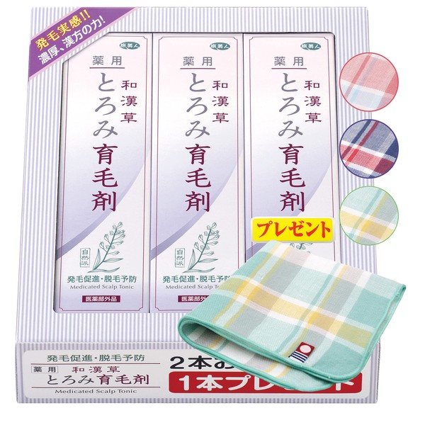 Azuma Shoji Japanese and Chinese Herbs Medicated Thickening Hair Growth Agent, Quasi-drug, 5.1 fl oz (150 ml) x 3 Piece Set [Imabari Towel Handkerchief] (Checkered Pattern)