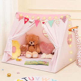 PIIKAGO Kids Play Tent - Kids Tent Indoor with Star Lights and Flags, Play Tents for Toddlers 1-3, Kids Playhouse for Girls, Pink