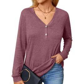 BISHUIGE Womens Button Up Tshirts Long Sleeve Henley Tunic Tops V Neck Casual Sweatshirt XXL, Brown Red