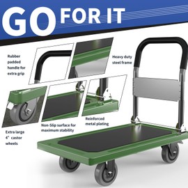 TIDY PALM Upgraded Foldable Push Cart Dolly | 880 lbs. Capacity Moving Platform Hand Truck | Heavy Duty Space Saving Collapsible | Swivel Push Handle Flat Bed Wagon - Green