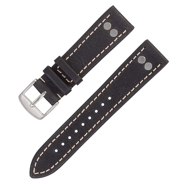 Laco Montres Aviateur Bracelet en Cuir - XL 20mm - 20.5cm de long - Noir - Rivets - Bracelet de rechange - Qualité unique - Finition exceptionnelle, Cuir
