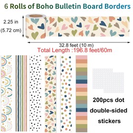 Acidea 196.8 ft Boho Classroom Borders for Bulletin Board, 6 Rolls Display Borders for Classrooms, Boho Colorful Straight Heart Rainbow Polka Dot Bulletin Border for Classroom Bulletin Board Decor