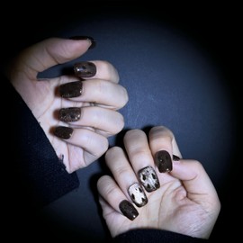 WhyNotNailIt Starry Night Press-On Nails | 10-Pc Set | Deep Brown with Gold Glitter Accents