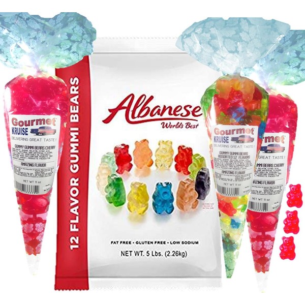 Albanese Gummi Bears-Gummy Bear Bulk 12 Flavors-5lb Bag Plus (2) Red Wild Cherry (1) Assorted 12 Flavor Gummy Bears Gourmet Kruise Gift Bags 11 OZ 4 Bags (2) Item Bundle