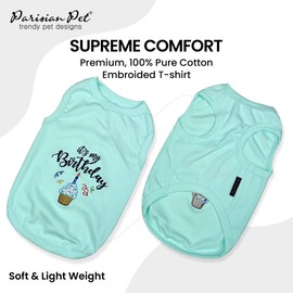 Parisian Pet Dog T-Shirt with Embroidered 'Its My Birthday' Words - Dog Birthday Shirt - Sleeveless, Lightweight Pet Vest - Blue Dog Shirt for Large Dogs 3XL