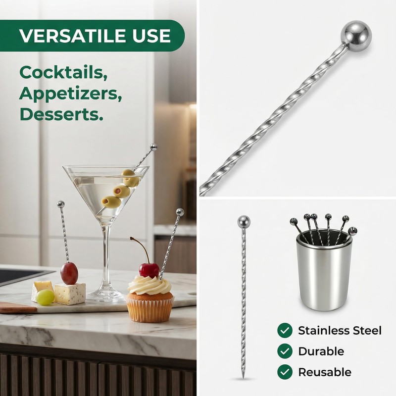 KGCGJVB 6Pcs Metal Cocktail Picks and Holder Reusable Stainless Steel