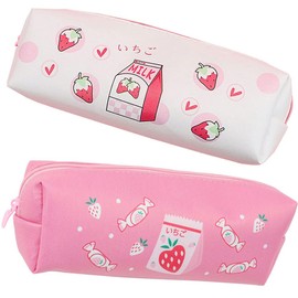 Leather Pencil Case, Aesthetic Pencil Case, Pencil Case for Girls, Secondary School, Slim Design Pen Bag for Student, Office, College, Middle School, Strawberry milk + sugar
