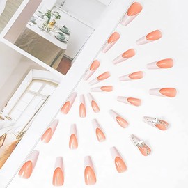 PUSCOBSY Ballerina Press on Nails Butterfly Rhinestone Fake Nails Long Coffin False Nails White French Tip Acrylic Nails Glossy Artificial Stick on Nails for Women and Girls 24PCS