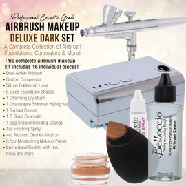 Belloccio Professional Beauty Deluxe Airbrush Cosmetic Makeup System with 5 Dark Shades of Foundation in 1/2 oz Bottles - Kit includes Blush, Bronzer and Highlighters