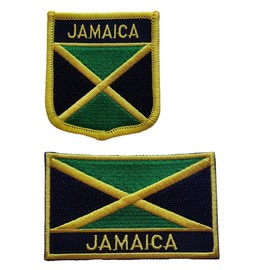 Tasmiraff - 2 parches bordados con la bandera de Jamaica para mochilas, zapatos, sombreros, planchar, coser, 1 rectángulo y 1 escudo (verde Jamaica)