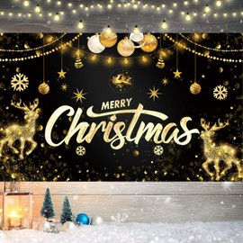 Large Merry Christmas Banner Gold Snowflake Deer Backdrop Christmas Wall Scene Christmas Holidays Party Decor Supplies Gifts 70 x 43 Inch