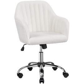 Yaheetech Boucle Vanity Chair Makeup Desk Chair Modern Office Chair Mid Back Accent Chair Height Adjustable Task Chair Swivel Computer Chair with Arms Ivory