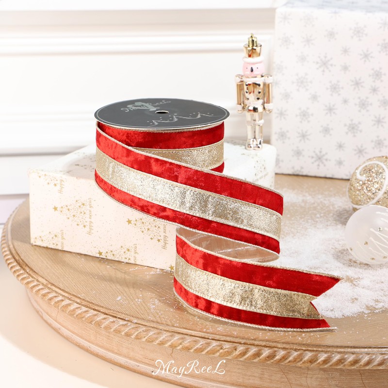 MAYREEL Red Crushed Velvet Ribbon Wired 2.5 Inch 10 Yards