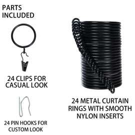 Curtain Rings and Hook Clip 50mm Inner Diameter Complete Set with Curtain Rod Rings Hooks and Clips 24 Pieces Curtain Rings for Two Standard Curtains Black TXZWJZ
