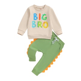 Zukmuk Big Brother Little Brother Matching Outfit Baby Boy Dinosaur Big Bro/Lil Bro Letter Print Crewneck Sweatshirt Long Pants Baby Matching Outfits (Apricot Big, 2-3 Years)