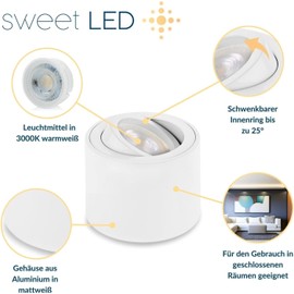 Sweet Led Surface-Mounted Spotlight Flat White Matt Aluminium Ceiling Spotlights Including Replaceable 5 W LED Module Surface Mounted Light Pivoting Ceiling Light Round 230 V Surface-Mounted Spotlight