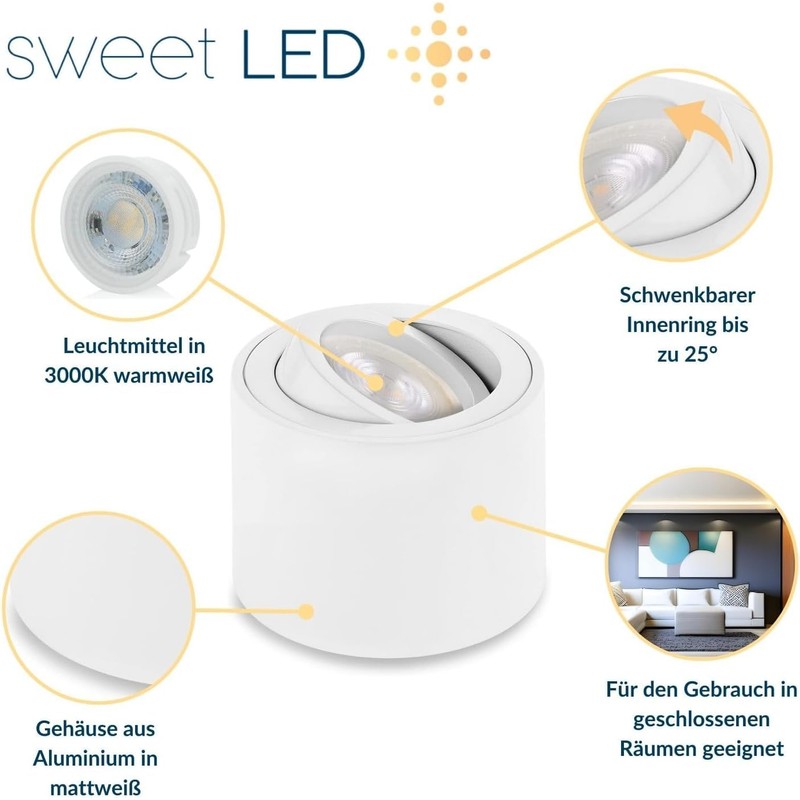 Sweet Led Surface-Mounted Spotlight Flat White Matt Aluminium Ceiling Spotlights