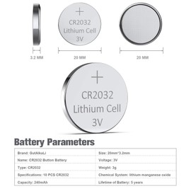 GutAlkaLi 10 Pack CR2032 Batteries - CR2032 3V Battery - CR 2032, 3 Volt Coin Battery