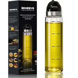 BENEBYR Leakproof Olive Oil Dispenser Bottle with No-Drip Spout - Shatterproof Borosilicate Glass with Dust Cover & Wide Mouth - Heat-Resistant 15oz Oil and Vinegar Cruet for Kitchen Cooking
