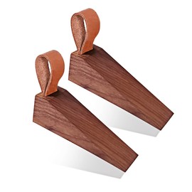 Door Stopper, Soild Walnut Wood Doorstop Wedge, Non-Slip Door Stops Wedges, Sturdy and Durable Door Stop Wedge, Security Door Stopper with Leather Band for Hanging (2PCS)